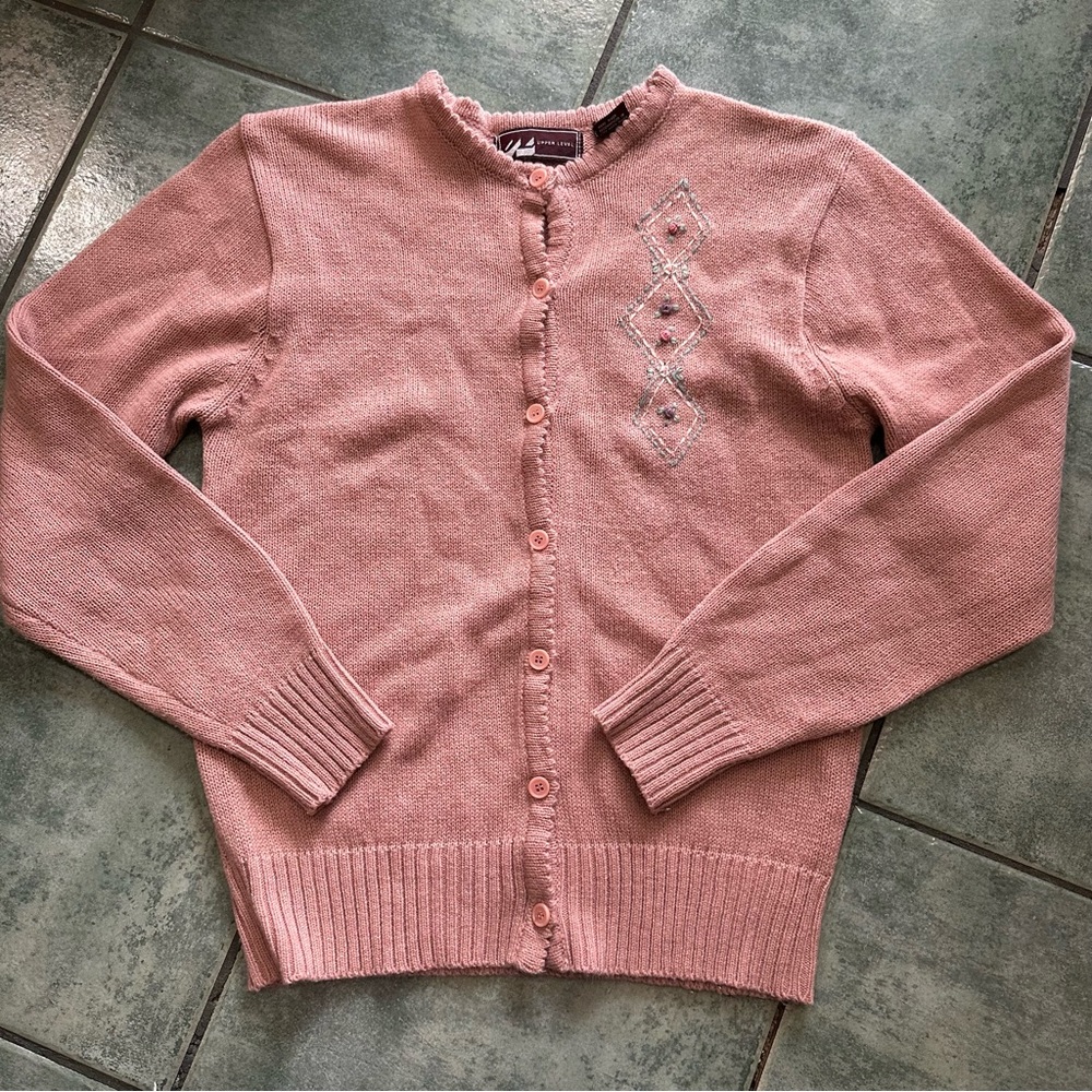 VTG 80s Retro Light Pink Little Floral Geometric Design Embroidered Cardigan